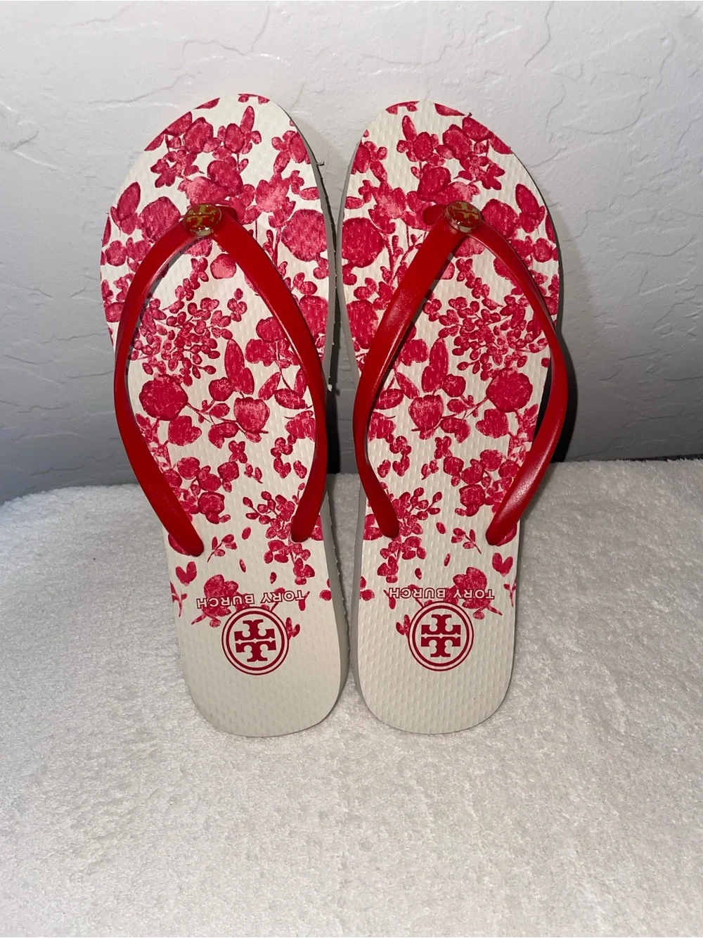 New! Tory Burch Floral Flip Flop Sandals in Chili Pepper Size 8-with Box